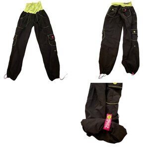 Vintage! Zumba Wear Black Cargo Pants with Neon Yellow Waistband | Size Medium